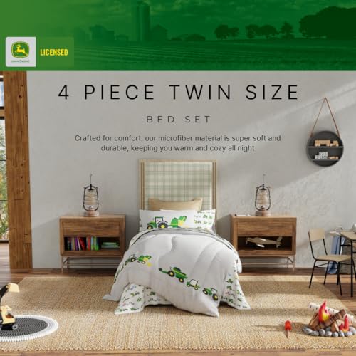Franco Kids John Deere Farm Equipment Bedding 4 Piece Super Soft Reversible Comforter and Sheet Set, Twin, (Officially Licensed Product) Franco