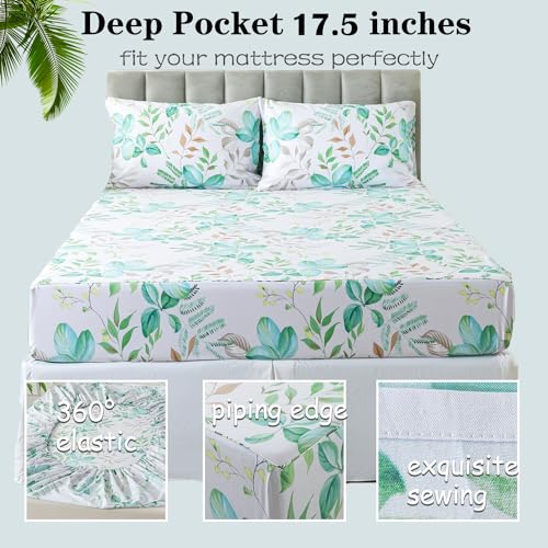 FADFAY Full Sheets 100% Cotton Teal Green Leaf Pattern Printed Bed Sheets, Botanical Sheets Leaves Pattern Modern Minimalist Bedding, Soft Crisp & Breathable Luxury Deep Pocket Fitted Sheet, 4Pc FADFAY