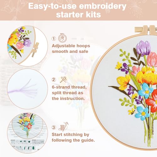 RidaaFri Embroidery Kit for Beginners, Set of 3 Flower Pattern DIY Kits for Adults & Starter, Hand Embroidery Practice Set with Guide & Video Tutorial, Includes Hoop, Needles, Floss