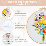 RidaaFri Embroidery Kit for Beginners, Set of 3 Flower Pattern DIY Kits for Adults & Starter, Hand Embroidery Practice Set with Guide & Video Tutorial, Includes Hoop, Needles, Floss
