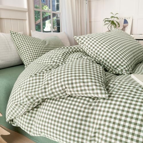 LifeTB Twin XL Comforter Set Green Gingham Comforter for Men Boys Geometric Plaid Comforter Set Grid Checkered Pattern Comforter with 2 Pillowcases Fluffy Soft Plaid Gingham Bedding Set Twin XL LifeTB