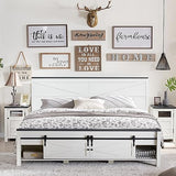 Farmhouse King Size Bed Frame with Sliding Barn Door Storage - JXQTLINGMU Antique White JXQTLINGMU
