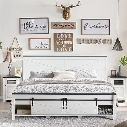 Farmhouse King Size Bed Frame with Sliding Barn Door Storage - JXQTLINGMU Antique White - WoodArtSupply