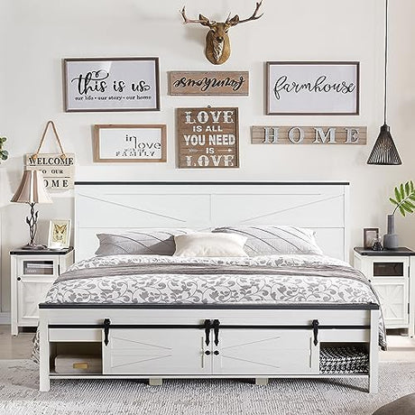 Farmhouse King Size Bed Frame with Sliding Barn Door Storage - JXQTLINGMU Antique White JXQTLINGMU