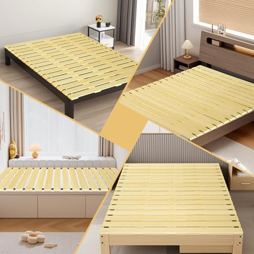 Japanese Tatami Mat Floor Bed, Knotless Solid Wood, Roll-Up Slatted Bed Plate with 2 Storage Straps, Moisture-Proof and Breathable for Floor Sleeping or Futon Mattress, Queen FHNI