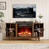Jluomei Electric Fireplace TV Stand for 65 60 70 Inch TV, Fluted TV Stand, Entertainment Center with Storage, Wood Media Console Cabinet with Sliding Doors, Adjustable Shelves, Living Room, Walnut Jluomei