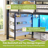 DICTAC Low Twin Loft Bed with Reading Corner,3 Sling Drawers and 2 Movable Storage Bins,Metal Twin Size Loft Bed for Kids with LED Lights and Storage Basket,13.98" H Safety Guardrail & Stairs, Black DICTAC