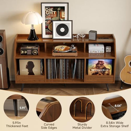 55 Inch Record Player Stand with LED Light, Modern Vinyl Record Storage Cabinet with 2 Drawers & Open Shelves, Holds up to 500 Albums, Turntable Stand w/Charging Station for Living Room Bedroom Walnut ONBRILL