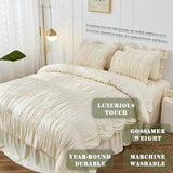 Bonlino Queen Comforter Set - Ruched Comforter Queen Size Bed Set Boho Shabby Chic Bedding for Bedroom Comforter Fluffy 3 Piece Ruffle Comforter Set with Pillow White Bedding Soft Bonlino