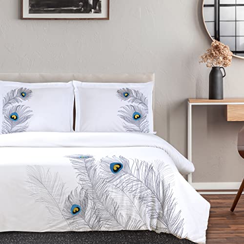 100% Cotton, 3-Piece King/California King, Single Ply, Soft, Embroidered Peacock Duvet Cover Set, Silver Superior