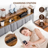 COMHOMA Platform Bed Frame with LED Lights and Charging Station, Storage Headboard and Footboard Drawers, No Box Spring Needed, Rustic Wood Look (Queen) COMHOMA