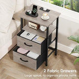 Vagusicc Night Stand Set 2, LED Nightstand with Charging Station, Bedside Table with USB Ports & Outlets, 24.2" Tall End Table with open Shelf, Bed Side Table with 2 Fabric Drawers for Bedroom, Greige Vagusicc