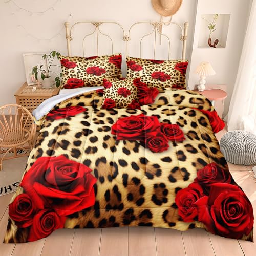 MOVE OVER Cheetah Print Comforter Set King Size Red Rose Flower Bedding Set 4 Pieces Ultra Soft Microfiber Romantic Rose and Leopard Print Comforter Sets for Women and Female MOVE OVER