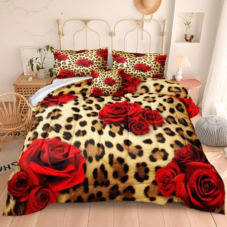 MOVE OVER Cheetah Print Comforter Set King Size Red Rose Flower Bedding Set 4 Pieces Ultra Soft Microfiber Romantic Rose and Leopard Print Comforter Sets for Women and Female MOVE OVER