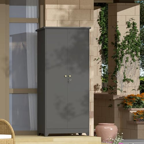 GREATMEET 72.8" Outdoor Broom Storage Cabinet, Waterproof Outdoor Narrow Storage Shed, Metal Storage Cabinets for Cleaning Supplies with Slanted Roof, Utility Closet, Broom Mop Storage Cabinet, Grey GREATMEET