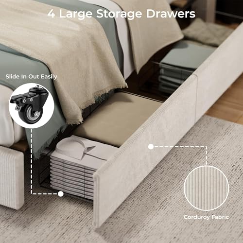 IDEALHOUSE King Size Bed Frame with Tall Tufted Wingback Headboard, Platform Velvet Upholstered King Bed Frame with 4 Storage Drawers and Wooden Slats Support, No Box Spring Needed, Creamy White IDEALHOUSE