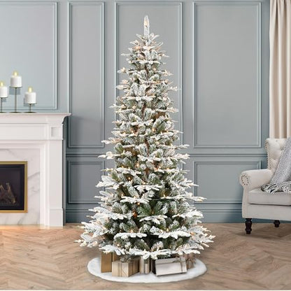 Puleo International 7.5 Foot Pre-Lit Slim Flocked Aspen Fir Artificial Christmas Tree with 450 Clear Lights