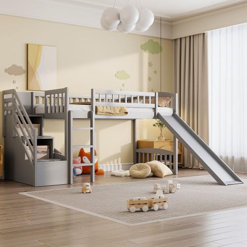 Harper & Bright Designs Kids Loft Bed with Slide and Storage Stairs, Twin Size Wooden Loft Bed with Built-in Ladder, Grey Harper & Bright Designs