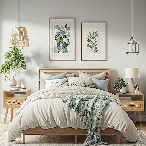 Mid-Century Modern Rattan Nightstand (2 Set), Boho Wood Accent Table with Storage Drawer - Bedside Table for Bedroom or End Table for Living Room, Natural Wood Accent Decor - Light Brown Lifetime Home