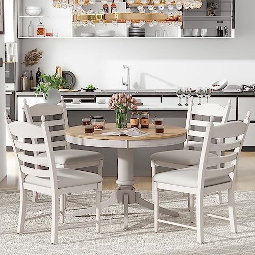 LUMISOL Extendable Round Dining Table Set for 4-6 People, Farmhouse Dining Room Kitchen Table Set with 4 Upholstered Chairs, 5-Piece Solid Wood Kitchen Table Set, Off White LUMISOL