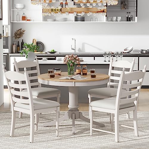 Dinehome 5-Piece Wooden Round Extendable Dining Table and 4 Upholstered Chairs Set for Kitchen Living Room, Retro Style, Off White - WoodArtSupply