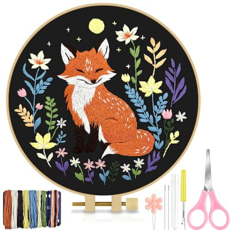TINDTOP Embroidery Kit for Beginners Adult, Fox Embroidery Kit for Beginners Include Embroidery Cloth Hoops Threads for Craft Lover Hand Stitch with Embroidery Skill Techniques TINDTOP
