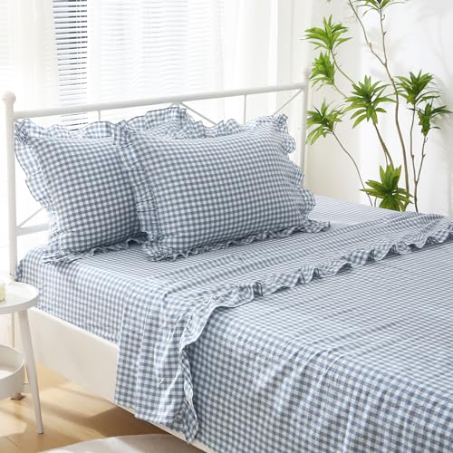 K MASANIJI Dust Blue White Plaid Ruffle Sheets Twin Size 4-Piece Set, 300TC 100% Yarn Dyed Cotton Sheets18 in Deep Pocket Preppy Gingham Sheets Decorative Bedding (Dust Blue/White Plaid, Twin) K MASANIJI