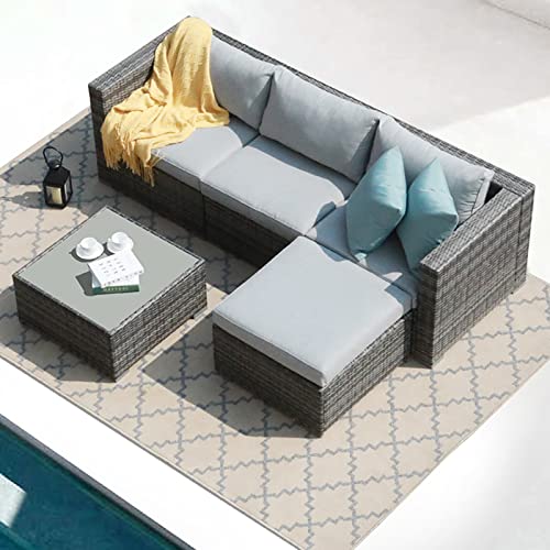 Patiorama 5 Piece Outdoor Patio Furniture Set, Sectional Conversation All-Weather Grey PE Wicker w/Light Cushions, Backyard Porch Garden Poolside Balcony Set Patiorama
