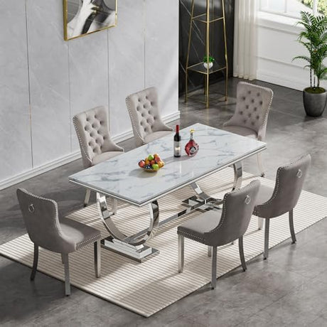 Goujxcy 7 Piece Marble Dining Table Set for 6, Luxury 70" White Marble Silver Kitchen Table with 6 Grey Velvet Upholstered Chairs, Modern 6 Person Dining Room Table Set for Kicken Dining Office Room Goujxcy