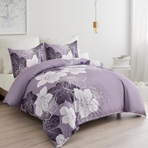DJY King Duvet Cover Set 3 Piece Purple Flower Bedding King Set Breathable Comforter Covers with 2 Pillow Shams Zipper Stitch Bedding Duvet Cover Set for All Season (90"x104") DJY