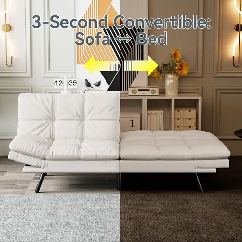 AMICLIBER Futon Sofa Bed Convertible Couch, White Faux Leather Sofa Bed with Memory Foam, Adjustable Backrest & Armrests, Multifunctional Small Loveseat Sleeper Sofa for Living Room, Apartment, Office AMICLIBER