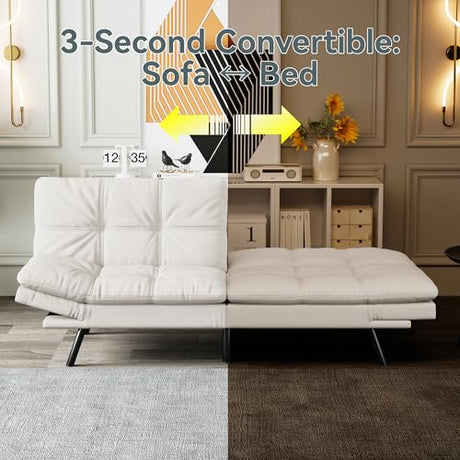 AMICLIBER Futon Sofa Bed Convertible Couch, White Faux Leather Sofa Bed with Memory Foam, Adjustable Backrest & Armrests, Multifunctional Small Loveseat Sleeper Sofa for Living Room, Apartment, Office AMICLIBER