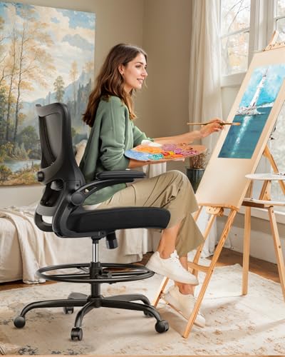 Marsail Drafting Chair, Tall Office Chair with 2D Lumbar Support, Standing Desk Chair with Padded Flip-Up Armrests & Adjustable Footrest Ring, Black Marsail