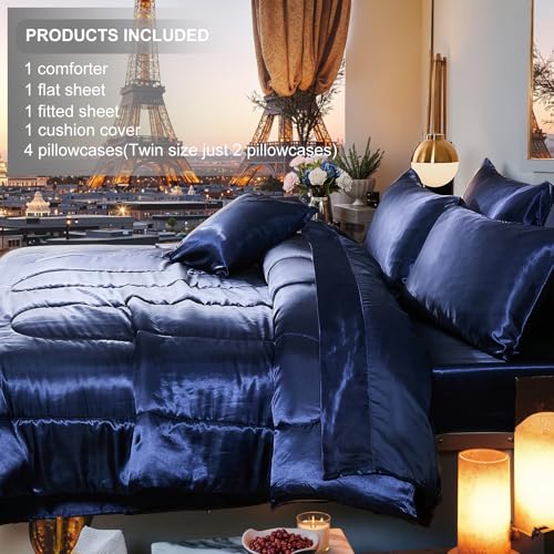 Bedding_Dreamer Silk Like Blue Comforter Set with Sheet Sets Queen 8 Pieces Satin Bedding Silky Bed-in-a-Bag Luxury Hotel Silky with 1 Cushion Cover Bedding_Dreamer