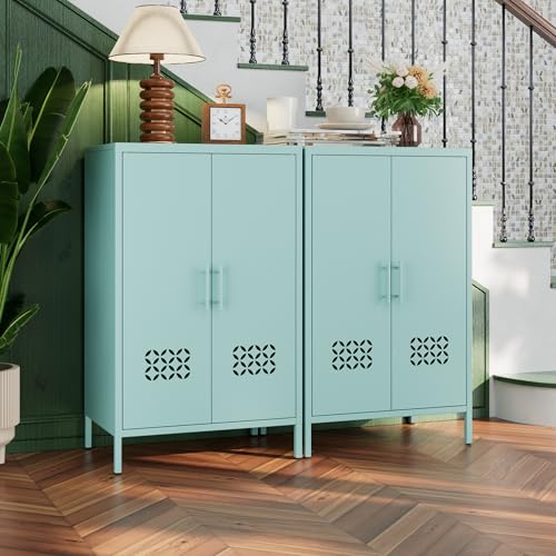 GangMei Metal Storage Cabinet with Adjustable Shelves,Metal Buffet Sideboard with 2 Doors for Kitchen,Home,Office, 42" H x 26" W x 14" D,Assembly Required,Blue GangMei