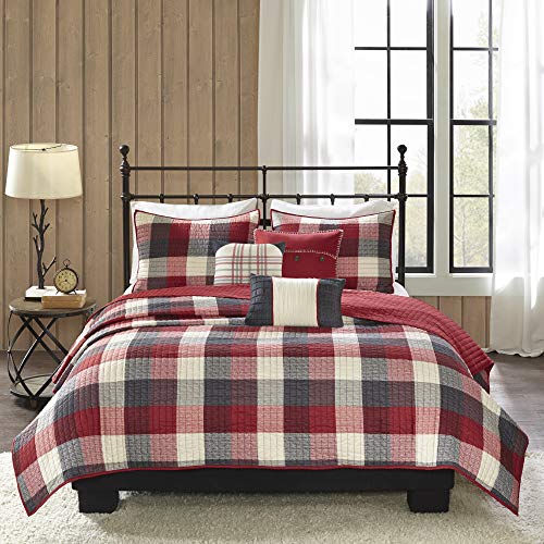 Madison Park Reversible Quilt Cabin Lifestyle Plaid Design - All Season, Breathable Coverlet Bedspread Bedding Set, Matching Shams, Full/Queen(90"x90"), Red 6 Piece Madison Park
