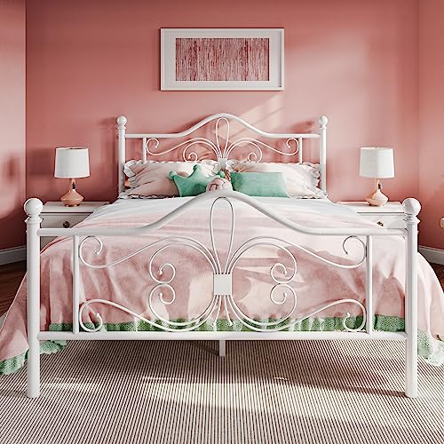 SHA CERLIN Queen Size Bed Frame with Headboard,Metal Bed Frame with Butterfly Pattern Design Headboard & Footboard,No Box Spring Needed,Easy Assembly,White SHA CERLIN