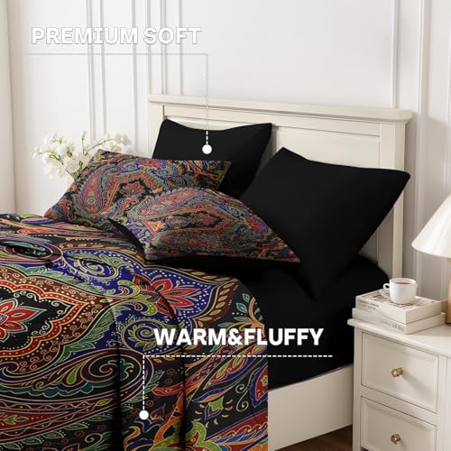 Nesker 5 Pcs Comforter Set Twin Size, Paisley Boho Plant Bedding Set for Kids and Adults, Bohemian Retro Floral Bed Sheet Sets with Fitted Sheet Pillowcases & Shams Nesker