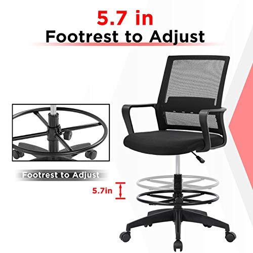 Drafting Chair Tall Office Chair Mesh Ergonomic Mid-Back Desk Chair with Adjustable Foot Ring for Executive Computer Standing Desk, Black FDW