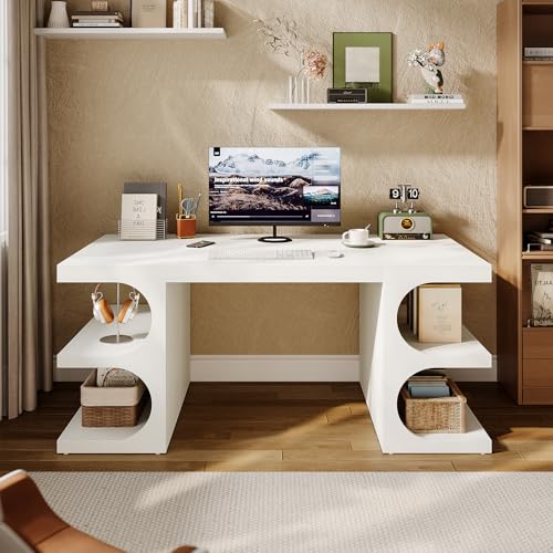 Tribesigns White Executive Office Desk, 63" Computer Desk with Storage Shelves, Modern Wood Study Writing Table, Large Workstation Business Furniture for Home Office (Table Only) Tribesigns