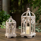 Staymoment Farmhouse Decorative Candle Lanterns Set of 2, Indoor Rustic Wooden Candle Holder for Table Centerpiece Fireplace Mantle, 12" & 16" Hanging Home Decor for LED & Real Candles, Whitewashed Staymoment