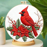 Zhenqing Red Bird Embroidery Kit for Beginners, Pre-Printed 29x29cm Cotton Fabric with 20cm Hoop, Vibrant Holly and Berries Winter Design (C0202)