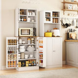 Giantex Kitchen Hutch Cabinet, 67" Tall Pantry Cabinet with Microwave Countertop, 8 Door Shelves & 5 Adjustable Shelves, Freestanding Cupboard with Glass Door for Living Room, Dining Room, White Giantex