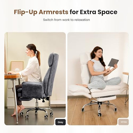 Big and Tall Office Chair, Flip Armrests for Pets & Cross Legged Sitting, Executive Ergonomic Computer Gaming Chair with Foot Rest, Teddy Fleece Wide Seat Reclining Desk Chair, White Vanity Chair HOMRELEXA