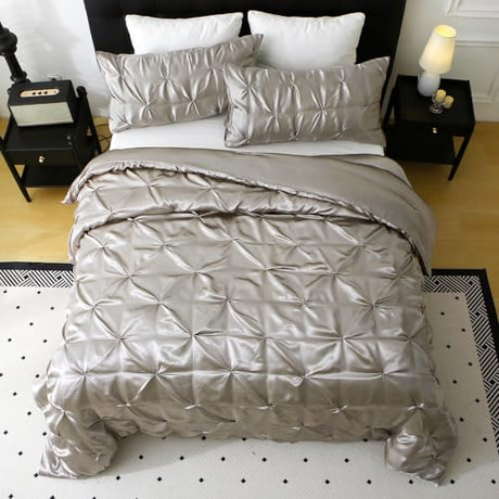 Setguopal Satin Comforter Set King Size, 3-Piece Light Grey Pinch Pleat Bedding Sets, Comforter, Pillowcases, Offering Exceptionally Soft and Smooth Comfort for All Season Use Setguopal