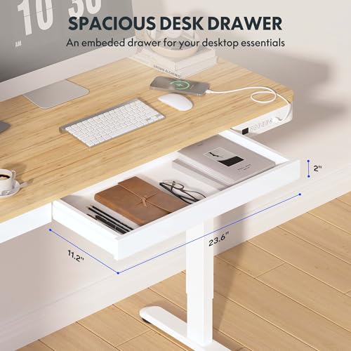 FLEXISPOT Comhar Electric Standing Desk with Drawer Desktop & Adjustable Frame w/USB Charge Ports (Bamboo-Look Laminate/White, Wood) FLEXISPOT