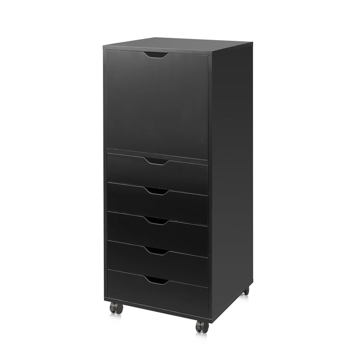 DEVAISE 5-Drawer Wood Dresser with Top Cabinet Storage, Mobile Chest of Drawers, Wide Storage Space for Home Office, Black DEVAISE