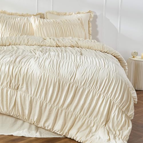Bonlino Queen Comforter Set - Ruched Comforter Queen Size Bed Set Boho Shabby Chic Bedding for Bedroom Comforter Fluffy 3 Piece Ruffle Comforter Set with Pillow White Bedding Soft Bonlino