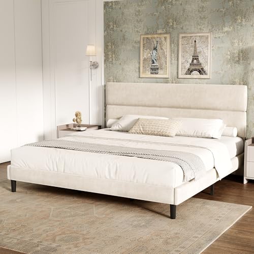 GRUSIGN King Size Platform Bed Frame with Velvet Headboard, Adjustable Height Wooden Slats Support, Upholstered Mattress Foundation, Fits Mattress or Mattress with Box Spring, Easy Assembly, Beige GRUSIGN
