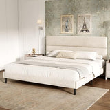 GRUSIGN King Size Platform Bed Frame with Velvet Headboard, Adjustable Height Wooden Slats Support, Upholstered Mattress Foundation, Fits Mattress or Mattress with Box Spring, Easy Assembly, Beige GRUSIGN